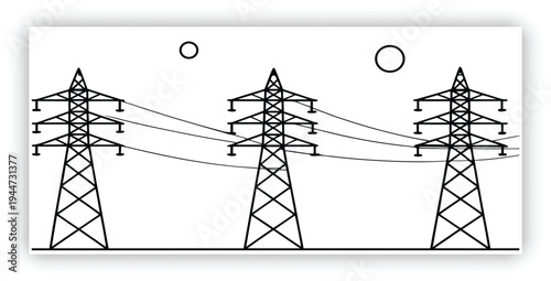 Minimalist black and white line art illustration of high-voltage electricity transmission towers receding into the distance, perspective view with three steel lattice pylons of increasing size from le