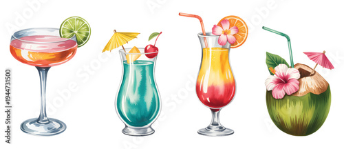Hand painted tropical drink assortment with lime cherry citrus cocktail and coconut in watercolor. Tropical cocktail collection with citrus drinks and coconut in watercolor.