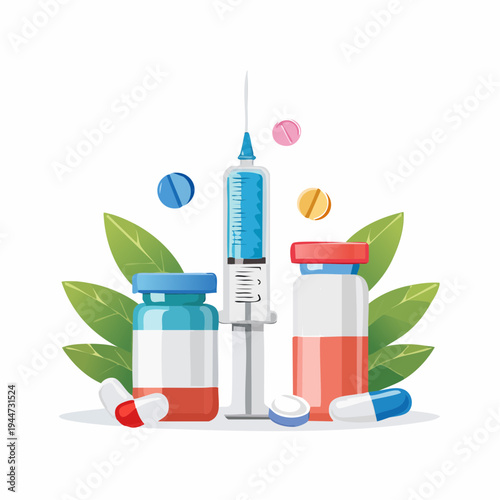 medical syringe and pills