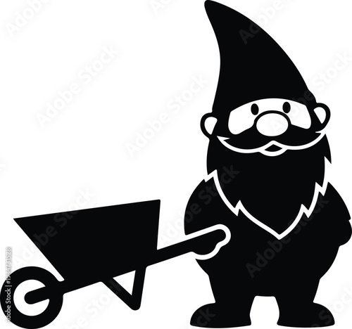 Silhouette bearded garden gnome holding a small wheelbarrow vector illustration