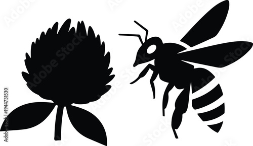 Silhouette bee flying near a blooming clover flower plant vector illustration