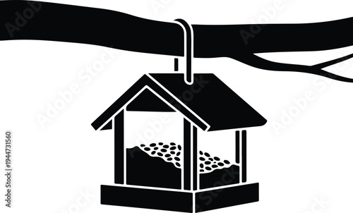 Silhouette bird feeder hanging from a tree branch with seeds vector illustration