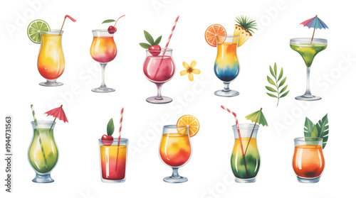 Hand painted tropical drink assortment with lime cherry citrus cocktail and coconut in watercolor. Tropical cocktail collection with citrus drinks and coconut in watercolor.