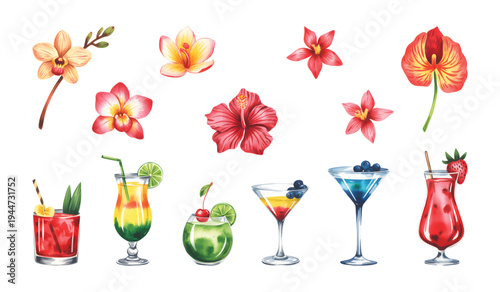Hand painted tropical drink assortment with lime cherry citrus cocktail and coconut in watercolor. Tropical cocktail collection with citrus drinks and coconut in watercolor.
