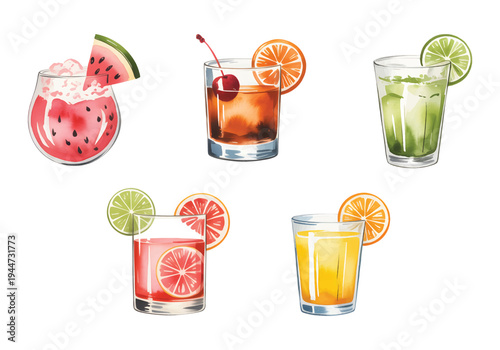 Hand painted tropical drink assortment with lime cherry citrus cocktail and coconut in watercolor. Tropical cocktail collection with citrus drinks and coconut in watercolor.