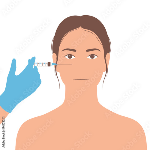 Woman receiving cosmetic injection in clinical procedure with clean bright lighting as a flat vector illustration for beauty and anti-aging treatments.