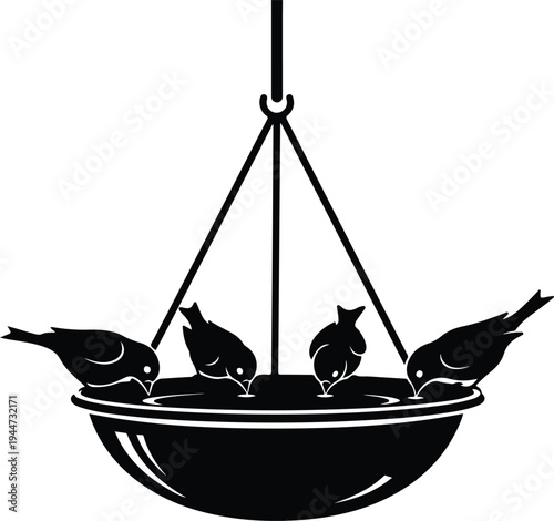 Silhouette of four small birds drinking from a hanging birdbath vector illustration