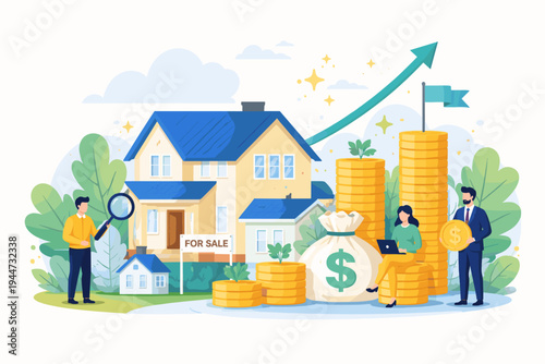 Real Estate Investment Concept with People Analyzing Property Market, Stacks of Gold Coins, Money Bag, and Upward Arrow Representing Financial Growth, Wealth, and Profitable Housing Business.