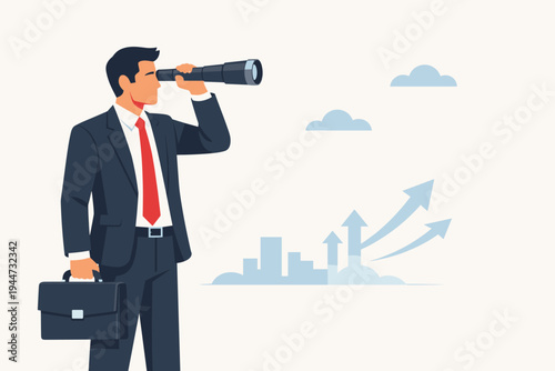 Smart Businessman in Suit Looking Forward Through Spyglass Telescope for Future Business Opportunities, Growth Strategy, and Success Vision, Flat Vector Illustration for Professional Concepts.