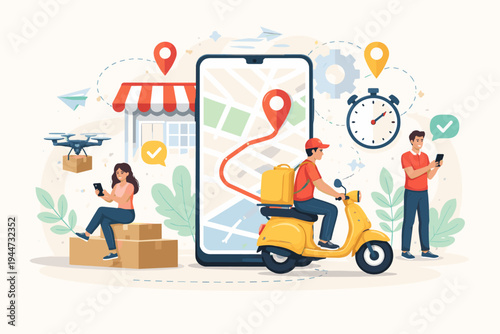 Flat vector illustration of a modern delivery service concept featuring a courier on a scooter, drone shipping, and customers using mobile apps for tracking orders on a large smartphone map.