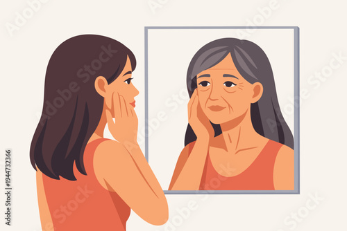 Vector Illustration of a Young Woman Looking in the Mirror and Seeing an Older Version of Herself with Wrinkles and Gray Hair, Concept of Aging, Time Passing, Skincare, and Future Self Reflection