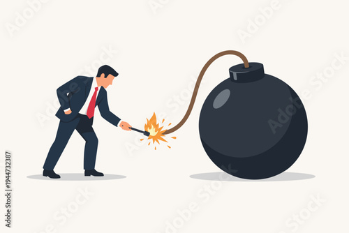 Businessman in a Suit Lighting the Fuse of a Large Black Bomb, Concept of Financial Debt, Economic Crisis, Business Risk, Self-Destruction, Sabotage, and Impending Disaster Flat Vector Illustration