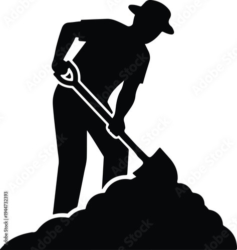 Silhouette worker digging into a pile of earth with shovel vector illustration
