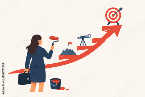 Empowered businesswoman painting her own career path upward arrow staircase towards a target bullseye. Concept of professional growth, ambition, goal setting, success, and strategic leadership.