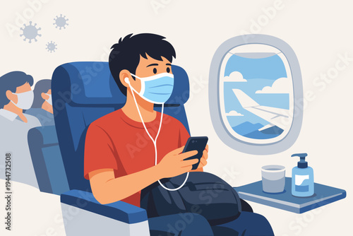 Vector Illustration of a Male Passenger Wearing a Face Mask and Using a Smartphone While Traveling by Airplane During the COVID-19 Pandemic, New Normal Travel Safety Measures with Hand Sanitizer