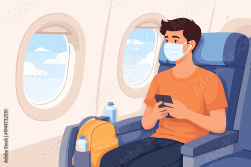 Young man wearing a protective face mask and earbuds sitting in an airplane cabin seat, holding a smartphone and looking out the window while traveling by plane during the COVID-19 pandemic.