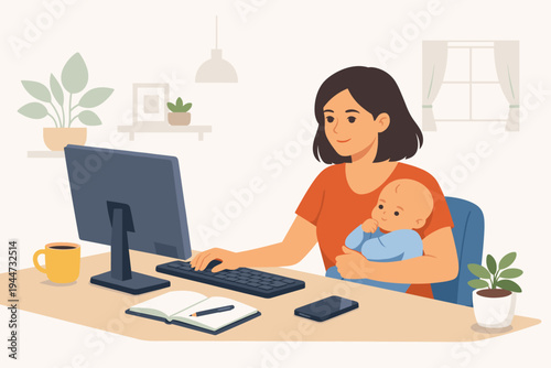 Vector illustration of a young mother working remotely from home on a computer while holding her infant baby. Professional woman multitasking at a desk with a monitor, coffee, and notebook.