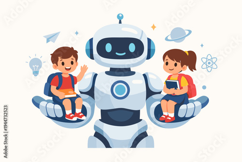 Vector illustration of a friendly white robot holding a schoolboy and schoolgirl in its hands, representing artificial intelligence in education, STEM learning, and future classroom technology.