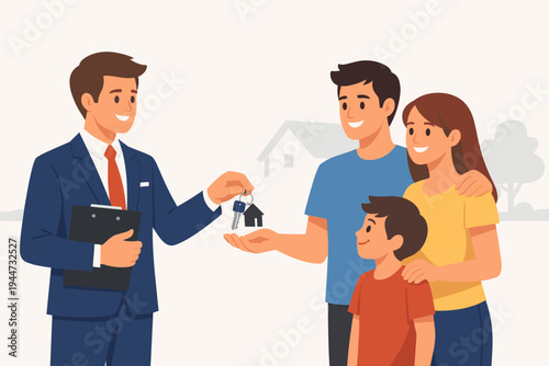 Real Estate Agent Handing Over New House Keys to a Happy Young Family with a Child. Professional Realtor Giving Keys to a Couple and Their Son. Buying a New Home Concept. Flat Vector Illustration.
