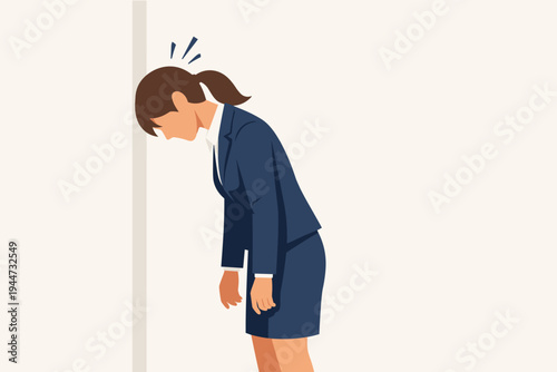 Stressed Businesswoman Banging Her Head Against a Wall in Frustration and Exhaustion; Flat Vector Illustration of a Tired Female Employee Suffering from Burnout, Failure, and Intense Work Pressure.