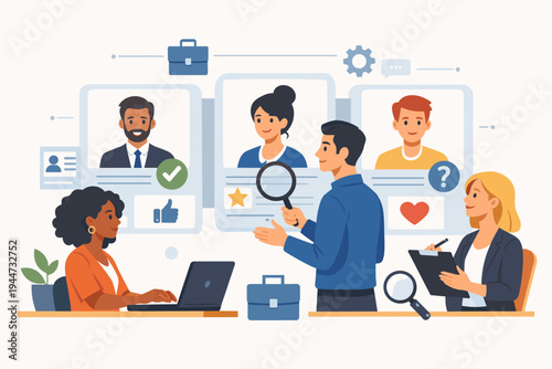 Human resources team reviewing online job candidate profiles on digital platform, HR managers selecting best employees for company positions, recruitment and hiring process vector illustration.