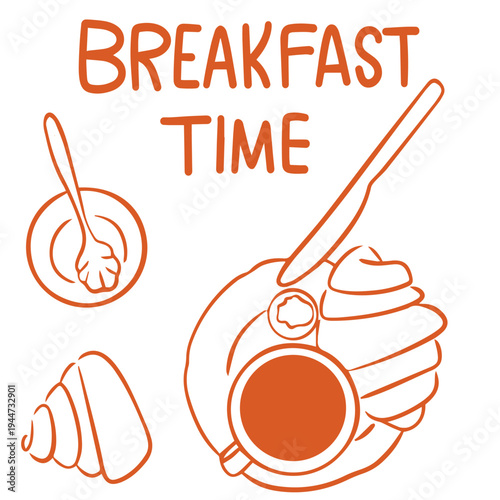 Breakfast hand drawn doodle with coffee cup croissant honey dipper and morning meal