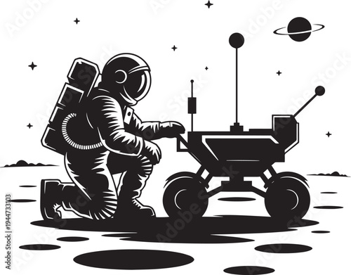 Astronaut with rover on alien planet surface exploration vector illustration