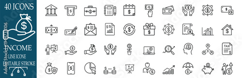 Income and money outline icon set featuring banking and financial investment for business profit and more vector illustration or editable stroke