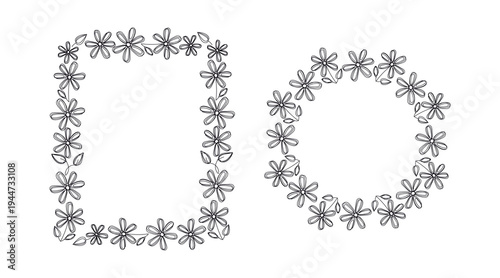 Daisy and flower banner set. Vertical and round backgrounds. Drawing, doodle, and line art. Floral frame and border for greeting cards and invitations.