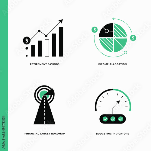 Financial planning icons set with green and black graphics for business savings and investment strategies on white background