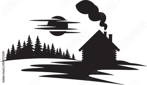 Cozy rustic cabin in winter forest silhouette with moon and smoke