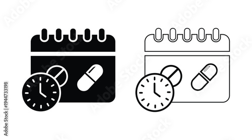 Medical calendar icon set with clock and pills for medication schedule and drug reminder, line and solid vector illustration