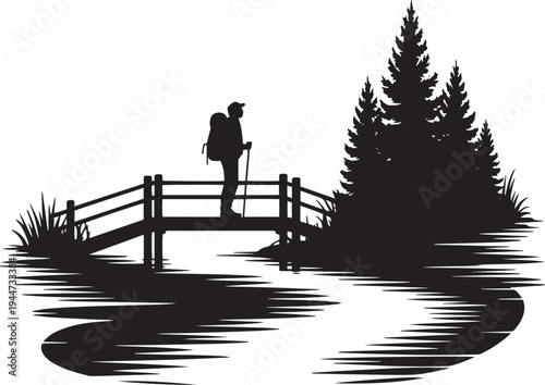Hiker silhouette on a wooden bridge, surrounded by nature and pine trees