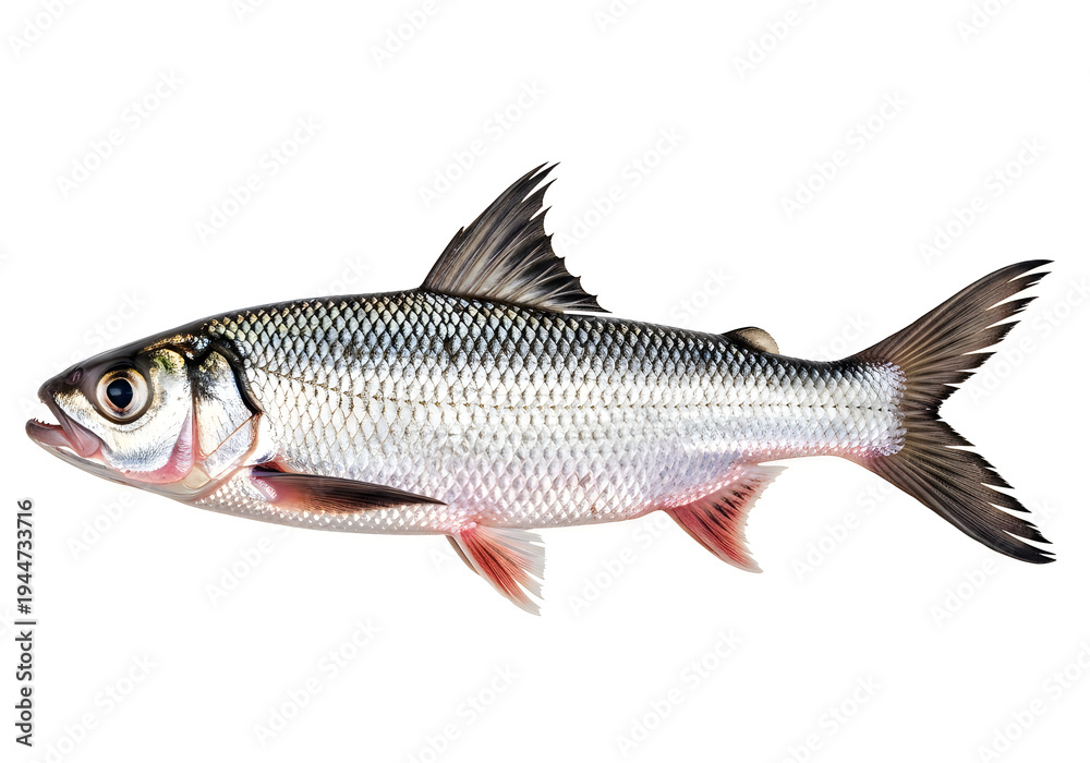 Fototapeta premium Fresh silver fish with pink fins on white