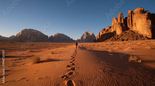 Wide-angle landscape of red rock cliffs and expansive sand in Wadi Rum, Jordan
