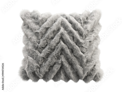 Light gray shaggy faux fur pillow isolated PNG, square fluffy cushion with chevron zigzag fur texture, soft cozy home decor element