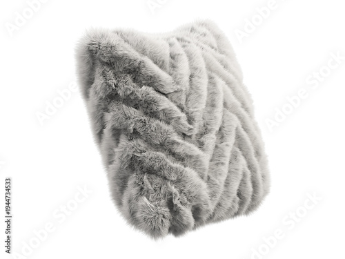 Light gray shaggy faux fur pillow isolated PNG, square fluffy cushion with chevron zigzag fur texture, soft cozy home decor element