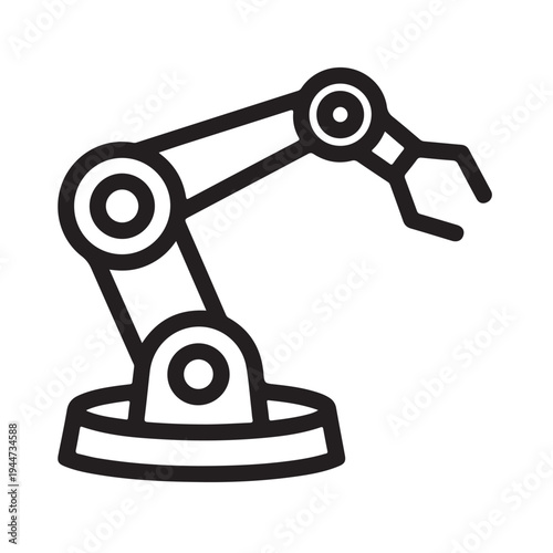 Precision industrial robotic arm icon representing mechanical automation and high tech assembly line manufacturing in minimalist line art