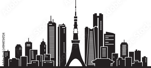 City skyline silhouette with buildings and prominent tower illustration