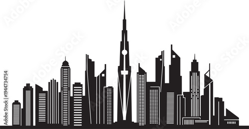 Dubai City Skyline Silhouette Vector Illustration with Modern Skyscrapers