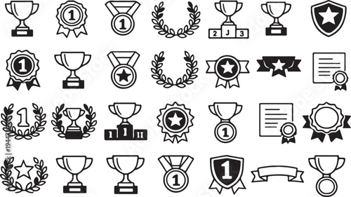 A collection of diverse achievement and award icons in black and white design