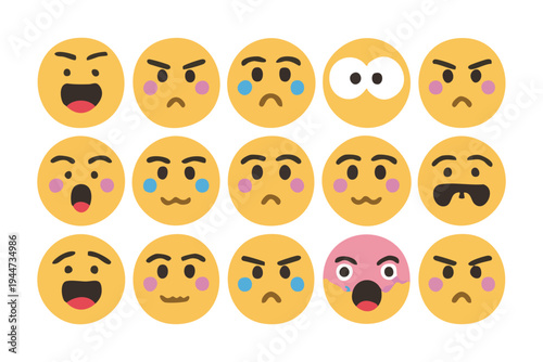 Set of expressive emojis depicting various emotions like anger, surprise, and sadness for communication