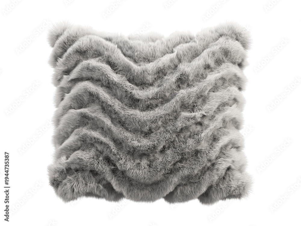 Fototapeta premium Light gray shaggy faux fur pillow isolated PNG, square fluffy cushion with layered wavy fur texture, soft plush decorative home decor element