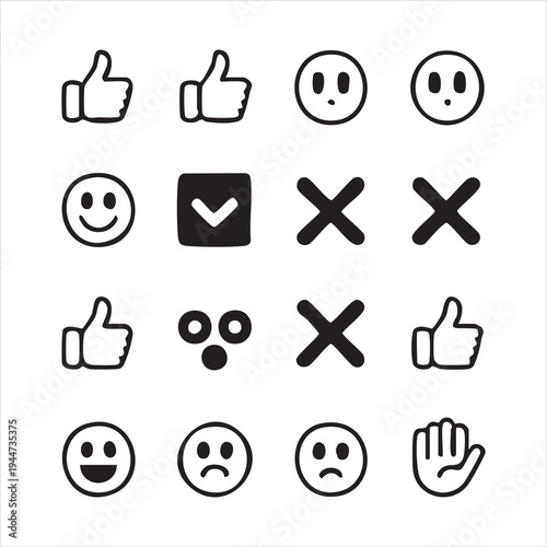 Digital interaction icons set featuring thumbs up check mark cross signs and various emotion faces