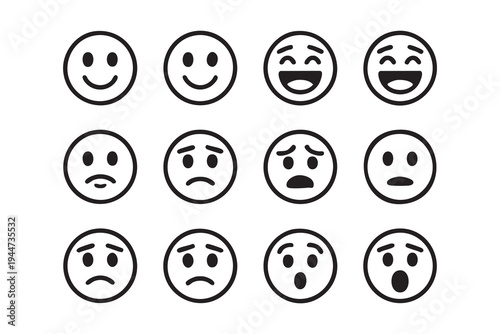 Set of black outline emoticons showing various emotions isolated on white background