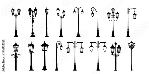 Vintage Street Lamp and Lantern Silhouette Vector Set