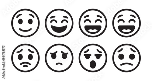 Set of eight expressive emoticons showing different emotions like happiness sadness and surprise
