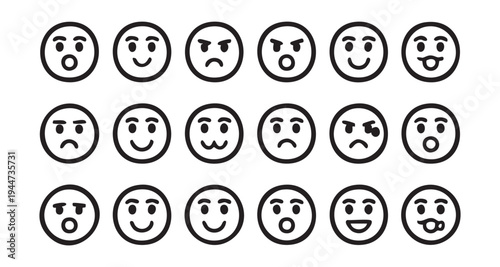 Grid of eighteen emoticons displaying a wide range of human emotions and facial expressions