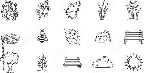 Collection of hand-drawn nature and park icons for spring and summer themes