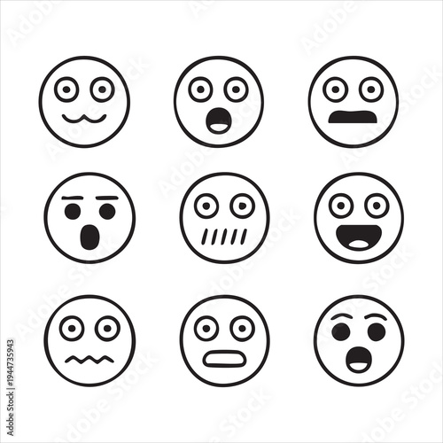 Shocked and confused facial expressions vector icons set of worried emoticons in black outline style